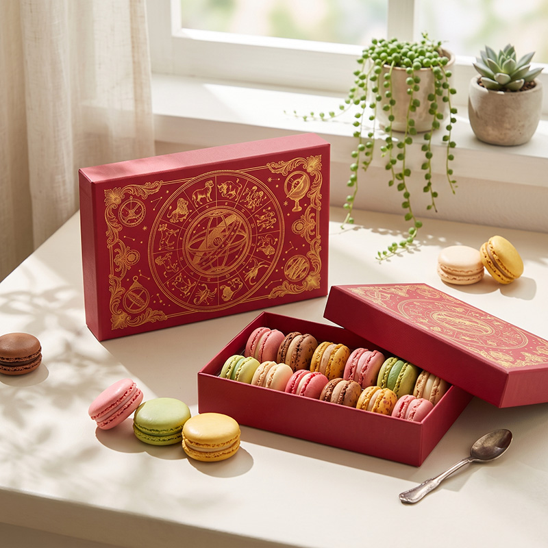 Luxurious sweets packaging boxes for macarons with zodiac signs displayed on a sunlit table.
