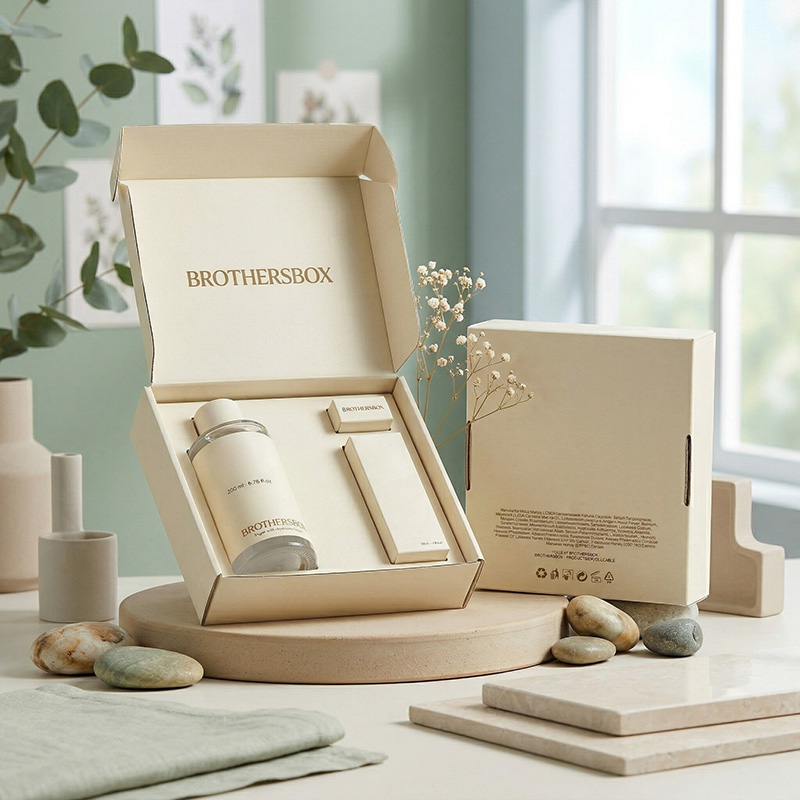 Lifestyle-Display einer minimalist ischen Haarpflege-Geschenk box mit Natursteinen und Pflanzen.