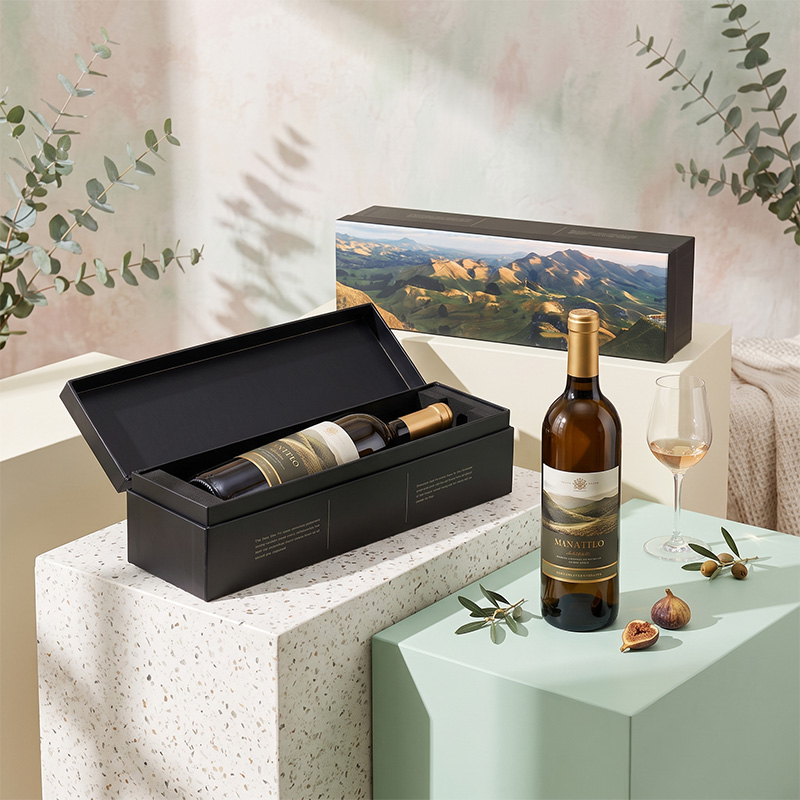 Caja de embalaje de vino de una sola botella de lujo con vino blanco y vidrio