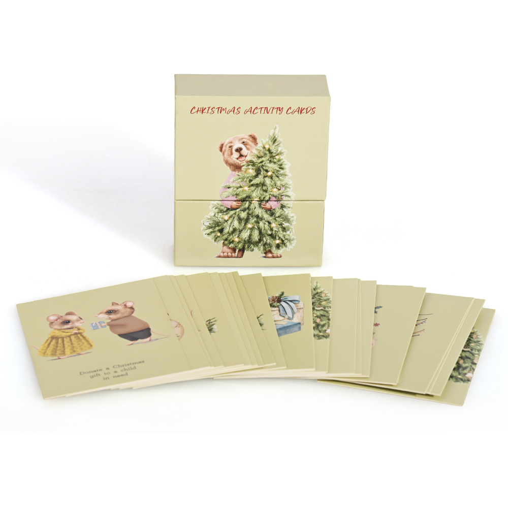 Brothersbox custom Christmas activity cards in a premium sage green shoulder neck rigid box.