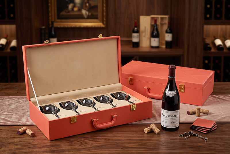 Luxury Orange Leather Wine Glass Box Set for Wine Tasting and Events
