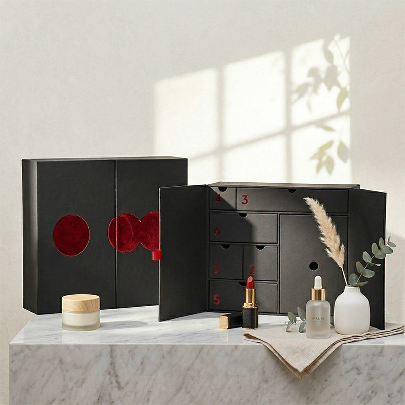 Affichage esthétique d'un calendrier de l'avent de beauté à double porte dans un cadre de vanité minimaliste.