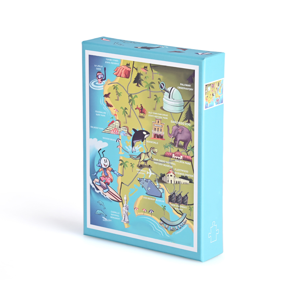 Stehende Ansicht der individuell bedruckten Kinder reise karte Puzzle-Verpackungs box mit Seiten grafiken