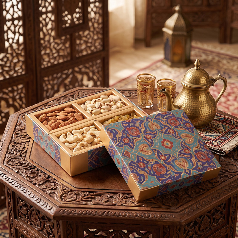 Luxury opened Eid dry fruit box on an intricately carved Moroccan wooden table next to a traditional brass teapot.