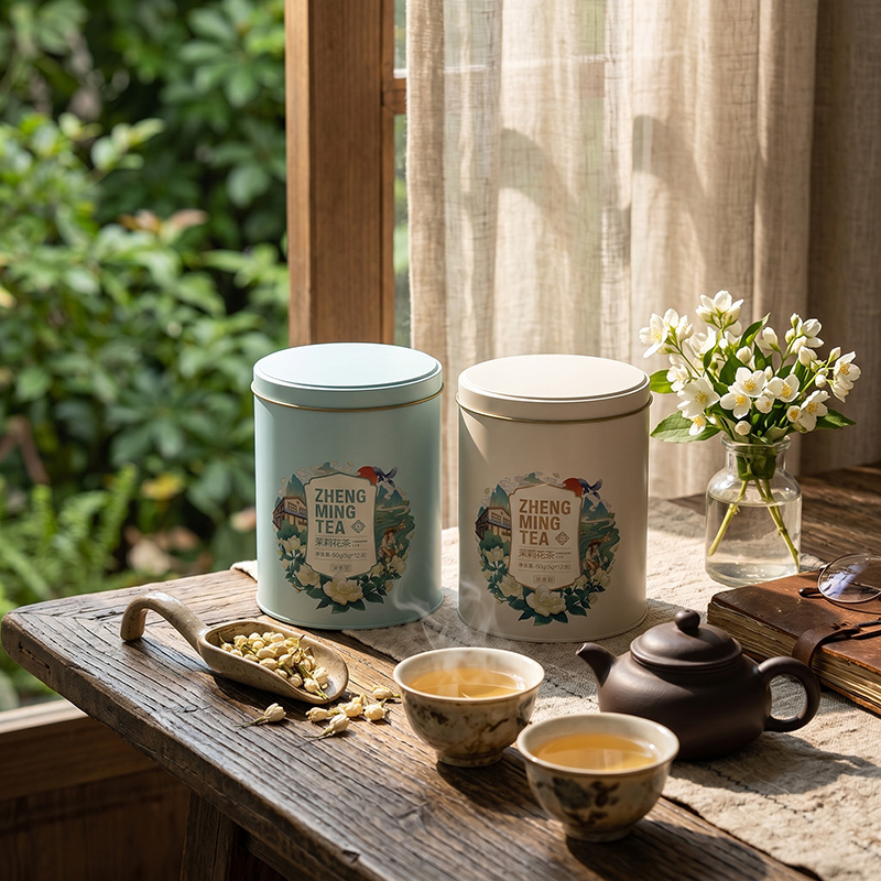 Premium jasmine tea gift tin boxes in a traditional Chinese tea set lifestyle setting