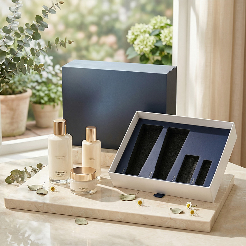 مجموعة هدايا غسول الجسم الفاخرة معروضة مع صندوق تعبئة درج مخصص على صينية رخامية