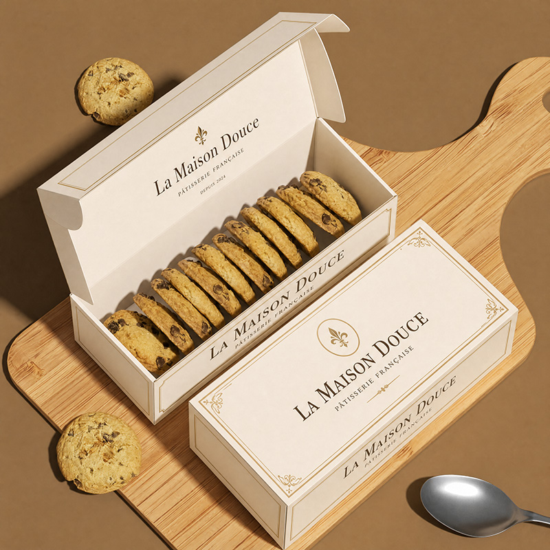 Classic cookie shipping box with greaseproof paper lining on wooden board