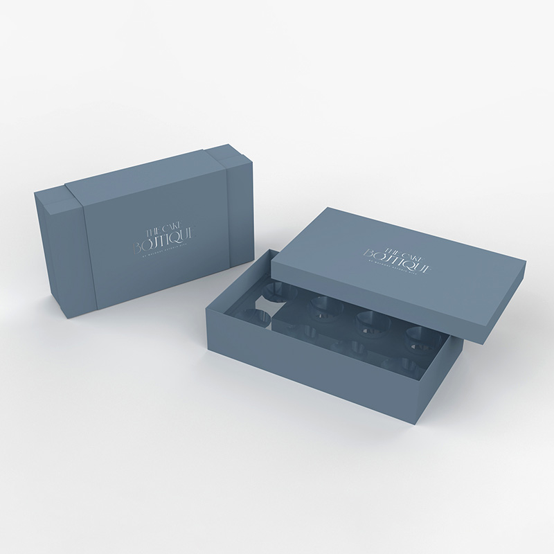 Caixa de presente de bolo de papel azul high-end com inserção de blister circular personalizada