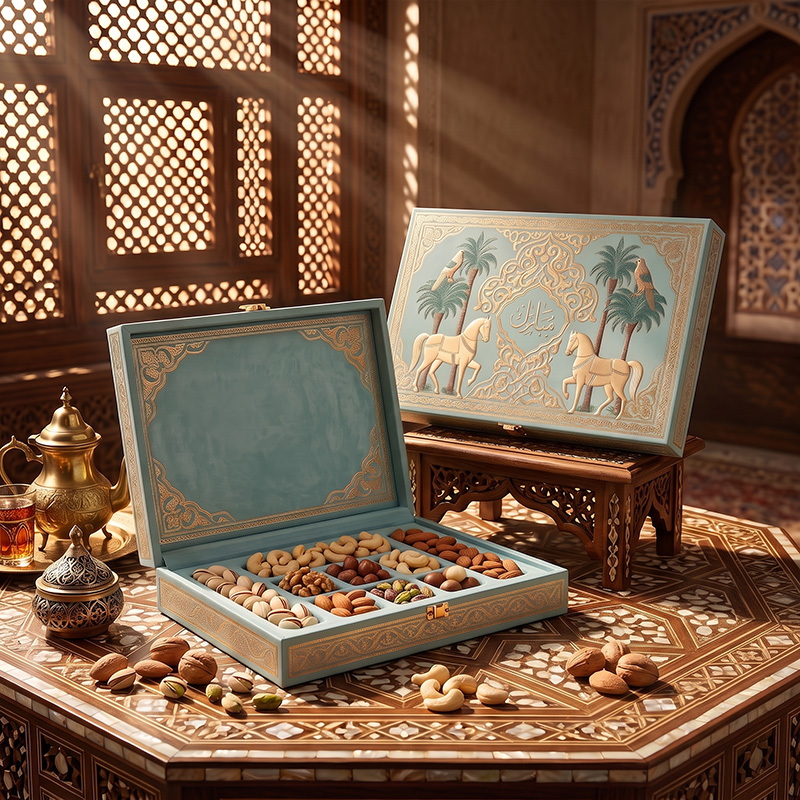 Eine nach orientalischer Ästhetik gestaltete hölzerne Geschenkbox für Trockenfrüchte, präsentiert auf einem traditionell geschnitzten Holztisch.