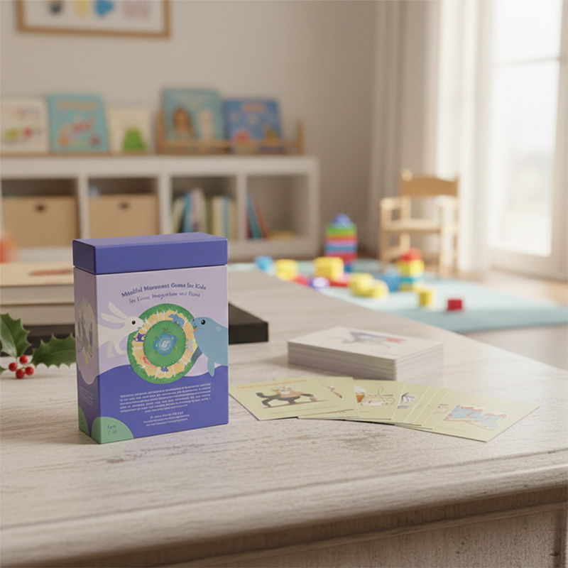 Custom printed Mindful Movement Flash Cards for kids in a premium tuck box.