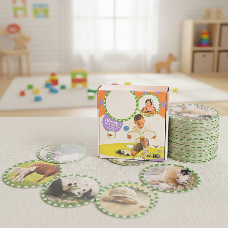 Educational animal cards spread on table in a bright nursery playroom setting.