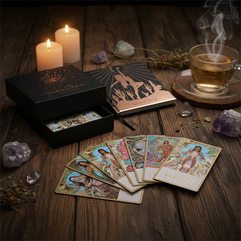 Oracle-Karten-Lese-Setup mit Kräutertee und heilenden Edelsteinen