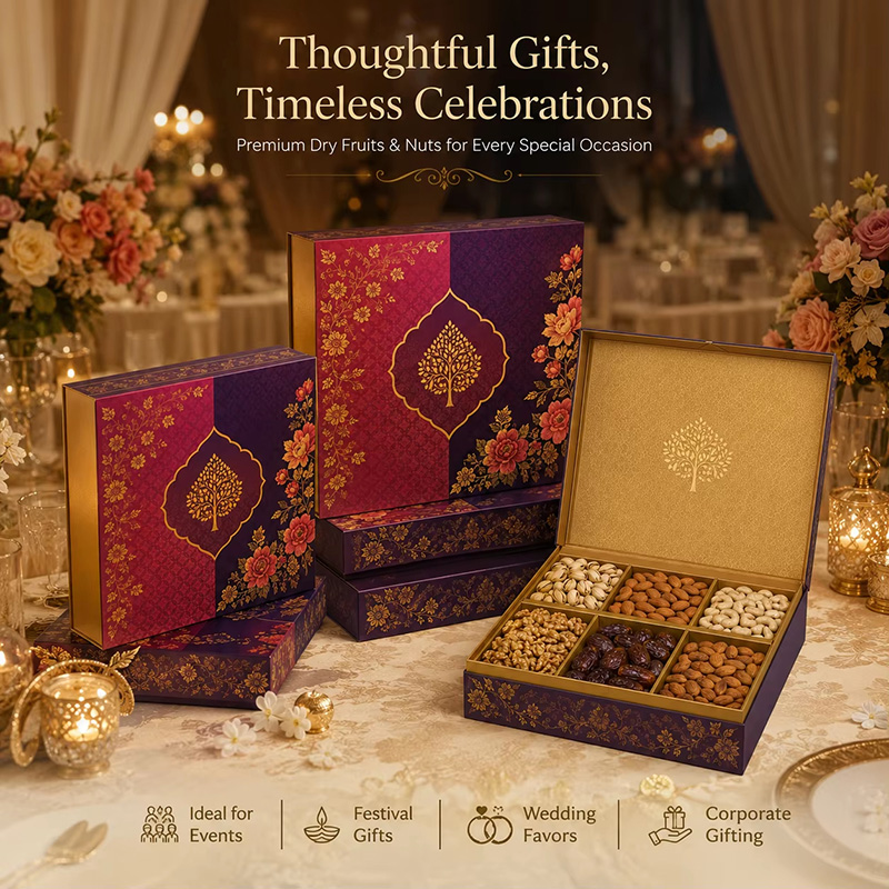 Elegant setup of Premium Dry Fruits and Nuts Gift Boxes on a banquet table for wedding favors.