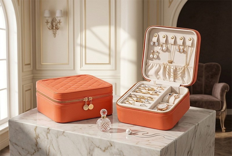 Exhibición de estilo de vida de lujo de dos cajas de joyería de cuero acolchadas de color naranja en un soporte de mármol blanco en un interior clásico de primera calidad, uno abierto con una colección completa de anillos, relojes y collares de perlas.