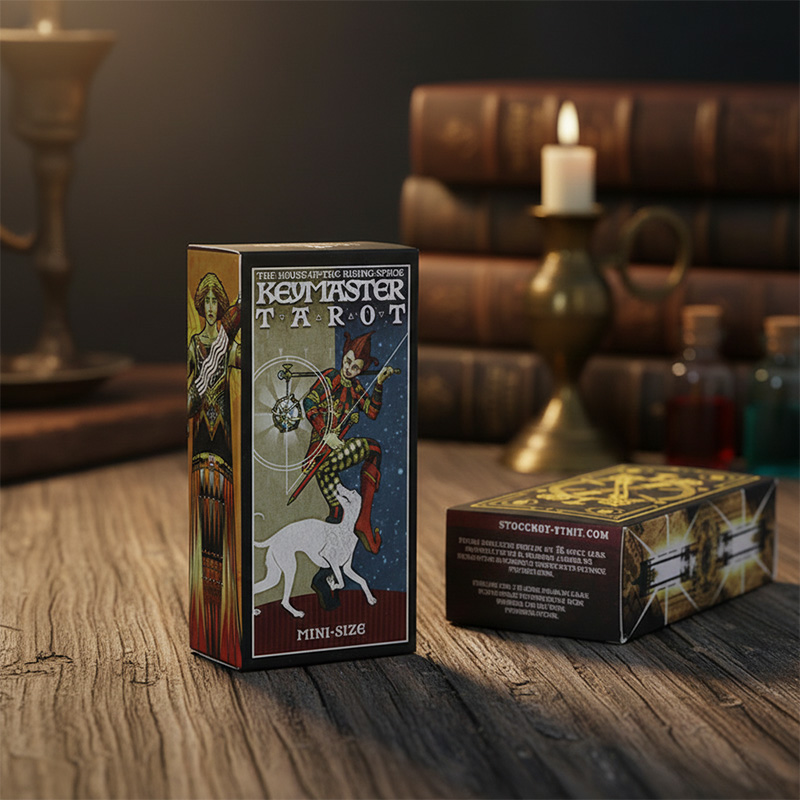 Impresión de tarjetas de tarot boutique de lujo con acentos de lámina de oro rosa y guía a juego.