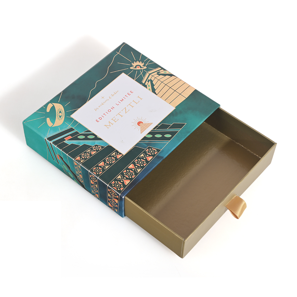 Caja de regalo de cajón de papel deslizable con una conveniente Pestaña de extracción de cinta dorada