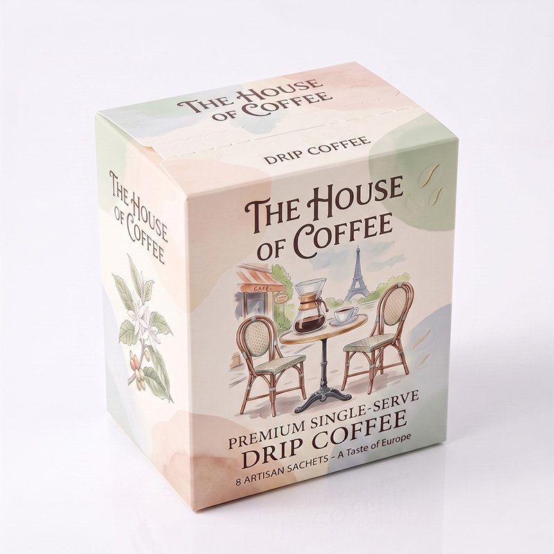 Individuell integrierte Kaffee verpackungs box mit leicht geöffneter Reißstreifen-Ansicht von oben.