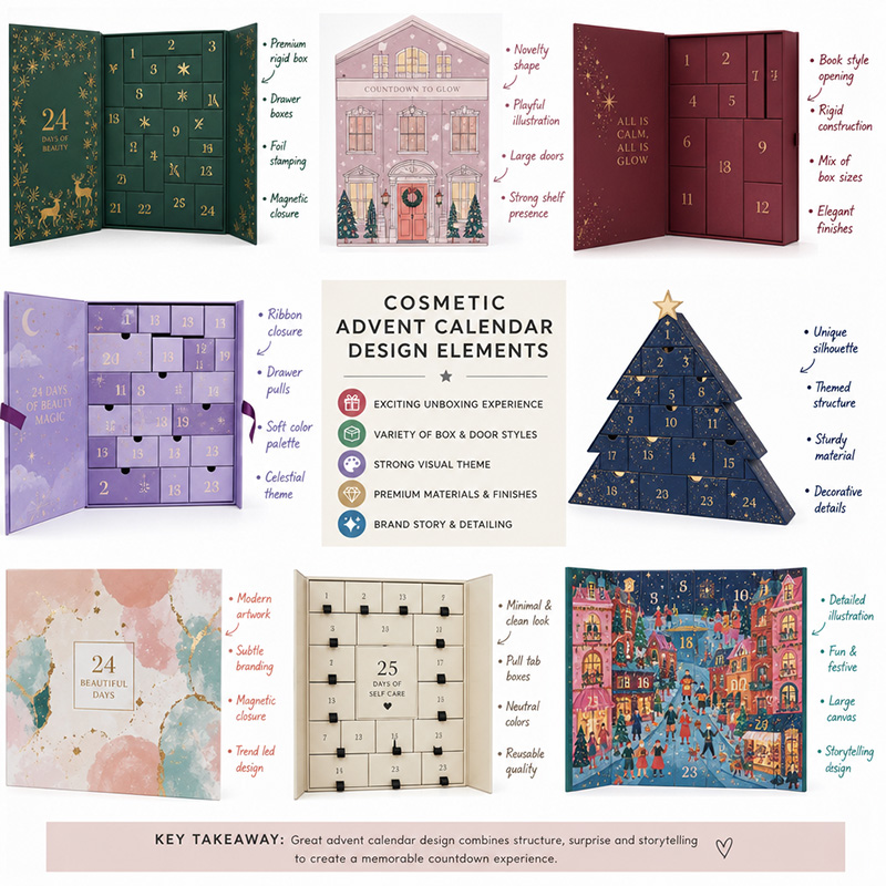 A collage of diverse cosmetic advent calendar box designs highlighting various key elements