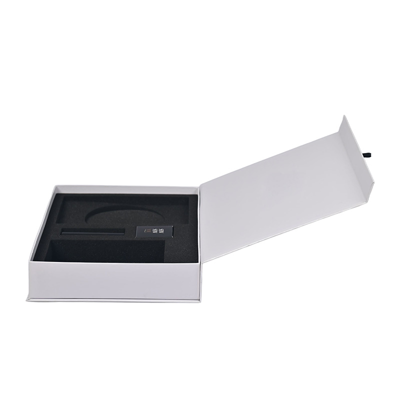 Side angle view of open matte finish magnetic gift box displaying custom layout