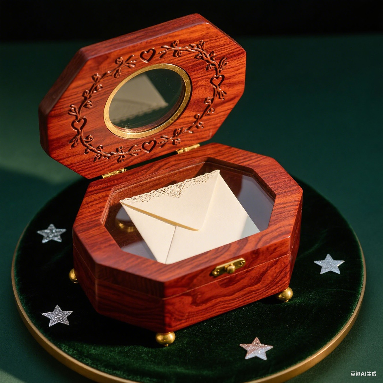 The photo shows an open, octagonal wooden music box placed on a dark green, star - adorned velvet surface. The box has a rich, reddish - brown wood finish with detailed vine and heart carvings around