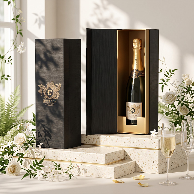 Luxus-Champagner-Flasche in einer Premium-Magnet-Wein kiste aus Schwarz und Gold