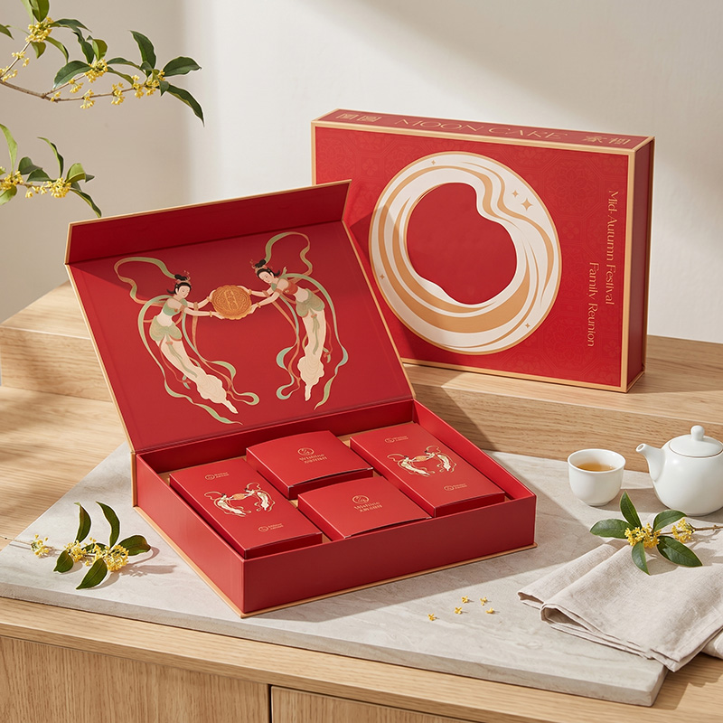 Lifestyle Display of Elegant Mooncake Paper Gift Boxes with Teapot and Osmanthus Flowers