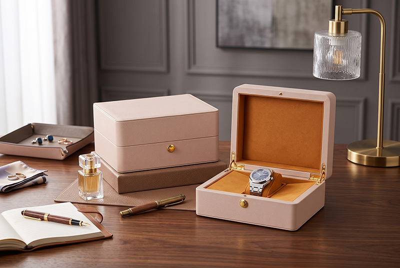 Caixa de relógio de couro único bege-rosa da Brothersbox exibida em uma mesa de madeira com um relógio de prata dentro.