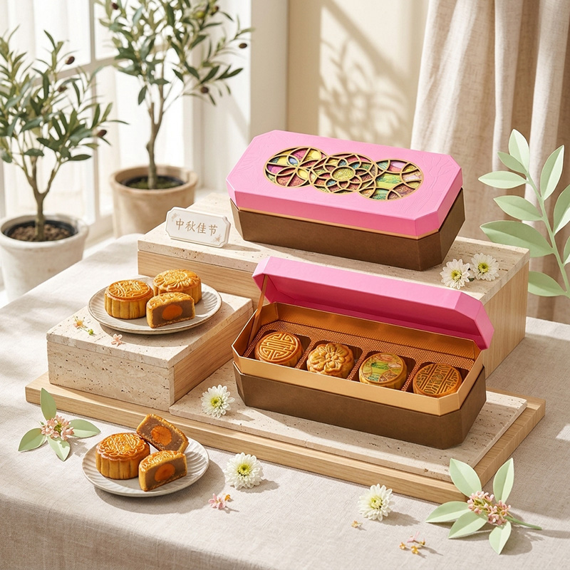 Wunderschönes Mid-Autumn Festival-Lifestyle-Display mit aufwändigen Mooncake-Boxen von Brothers box, geschnittenen gesalzenen Eigelb-Mond kuchen und elegantem Tischs til.
