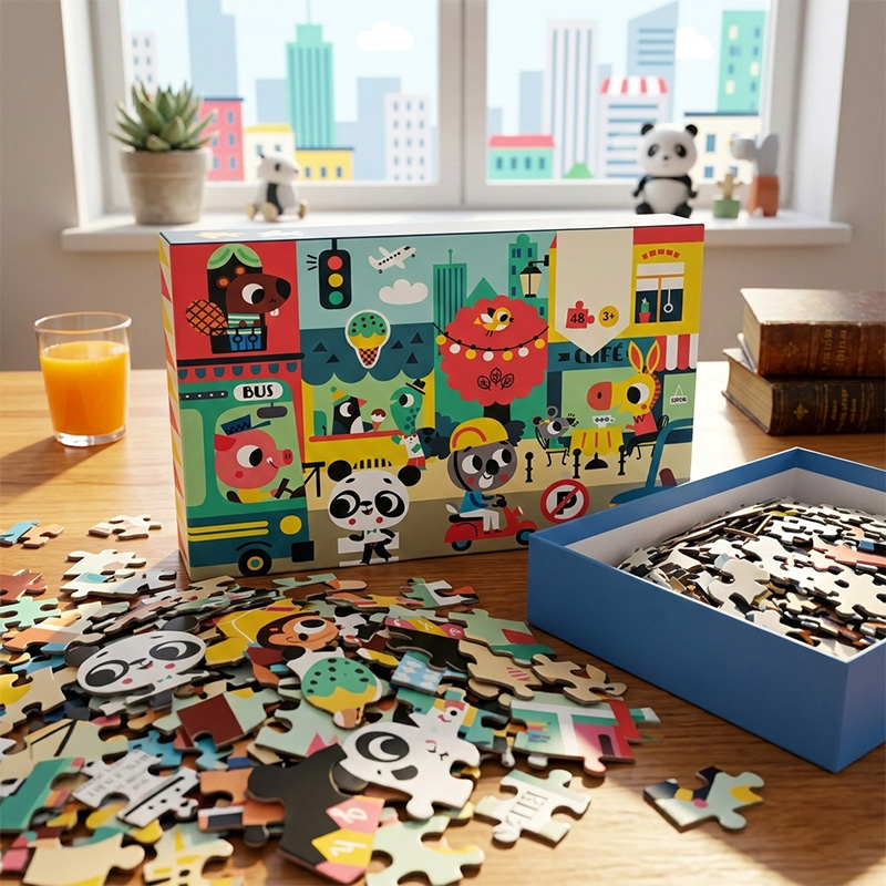 Rompecabezas educativo para preescolares en una mesa de madera en una habitación soleada.