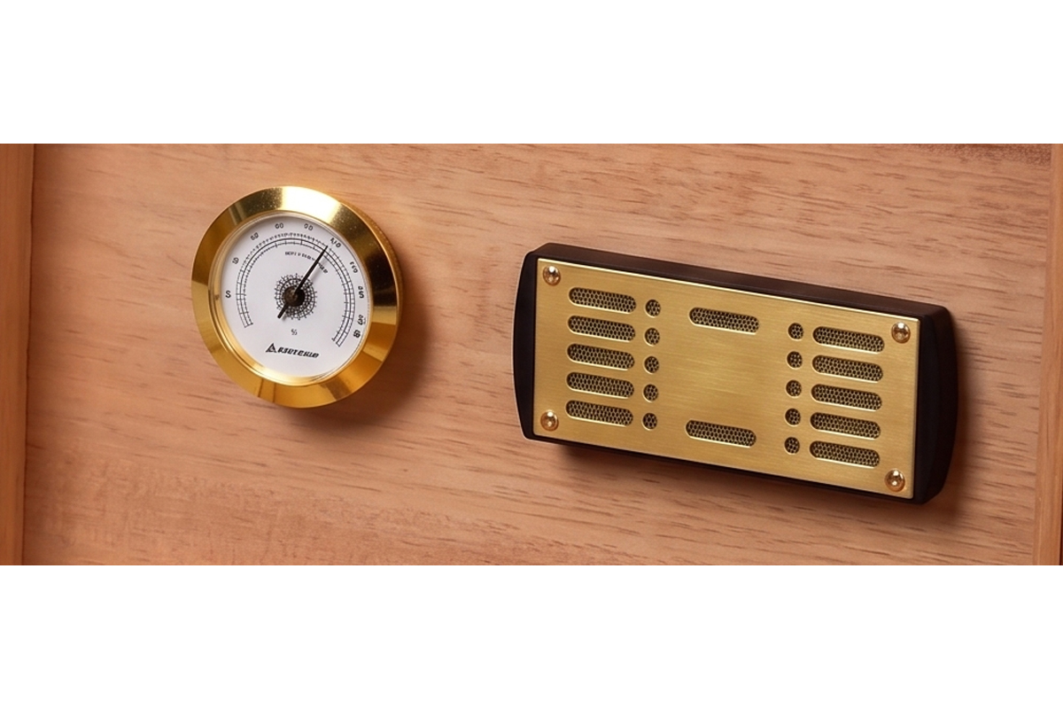 Hygromètre analogique en or de précision et humidificateur en laiton pour étui à cigares sur mesure, finition haut de gamme pour humidificateur
