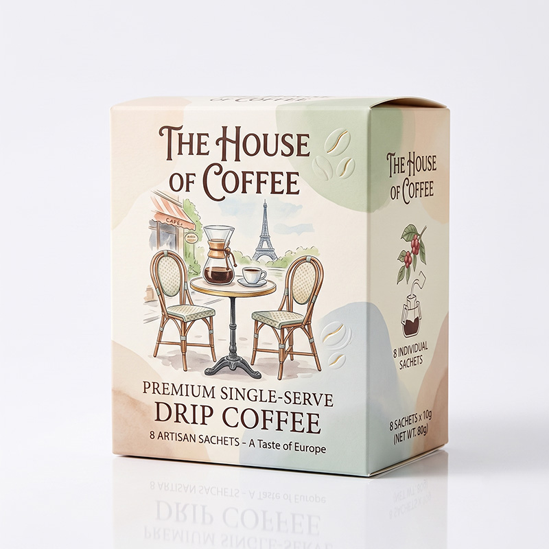 Vorder ansicht der kunden spezifischen Einzelhandel kaffee box mit leicht geöffnetem Reißstreifen-Design.