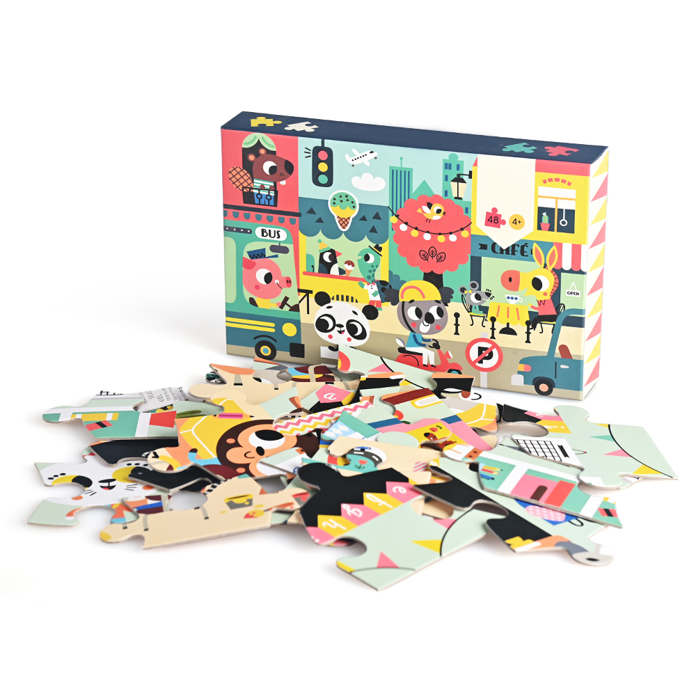 Vista frontal de la caja de rompecabezas "en la ciudad" para niños de 3 a 5 años, 48 piezas, 51,5x36,5 cm.