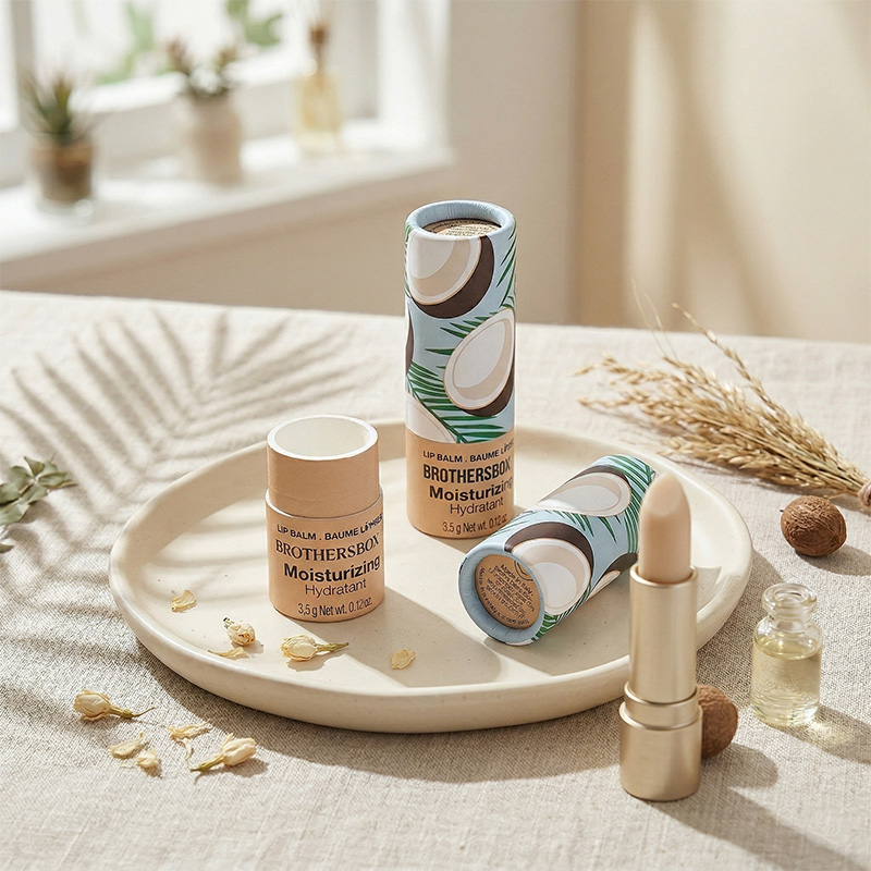 Configuração de estilo de vida estético de tubos de papel de bálsamo labial de coco em uma bandeja de cerâmica.