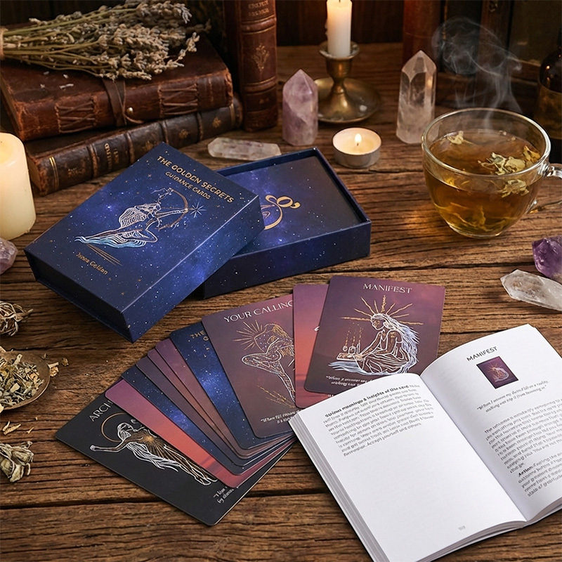 Ästhetisches Orakel karten lese setup mit Kristallen, Kerzen und Kräutertee.