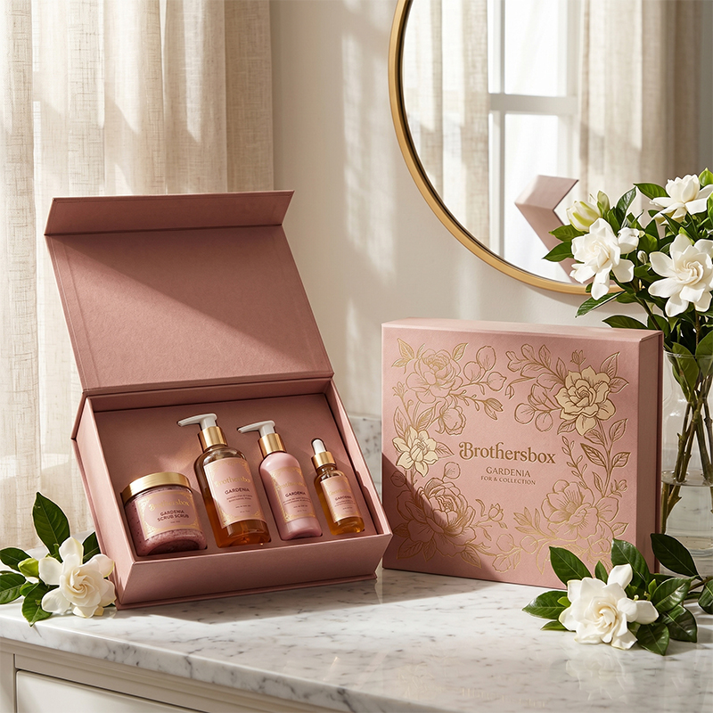 Exibição de estilo de vida elegante da luxuosa caixa de presente de loção corporal Brothersbox em uma vaidade de banheiro de mármore com gardênias frescas.