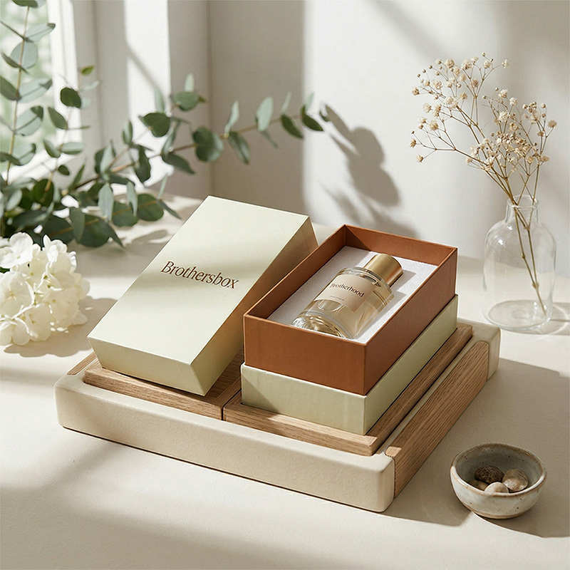 Minimalist ische Parfüm-Display-Box auf einem ästhetischen Tablett aus Holz für Lifestyle-Branding.