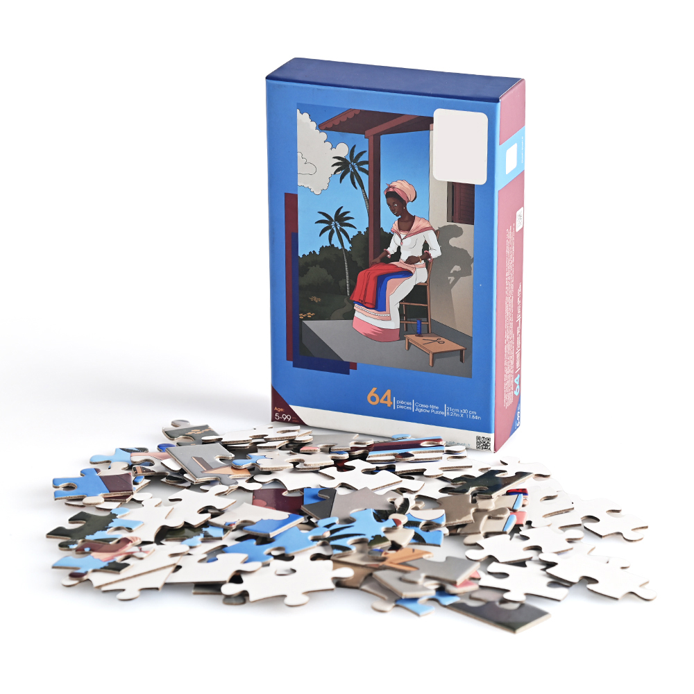 Rompecabezas de la cultura de la Historia Negra con una mujer de costura azul y tela roja en un porche.