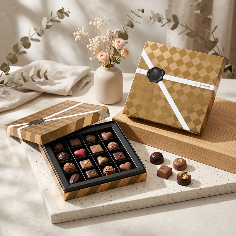 Produit de mode de vie shot or damier chocolat boîtes remplies de pralines artisanales