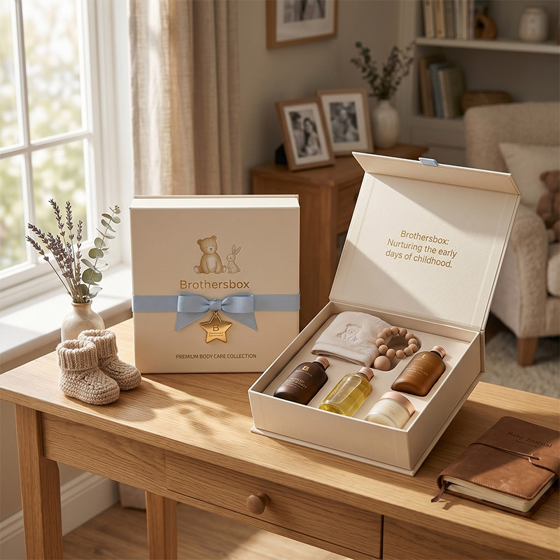 Una escena de estilo de vida atmosférica con una caja de regalo para el cuidado de la piel para bebés cerrada y abierta que se muestra en un escritorio de madera en una guardería cálida e iluminada.