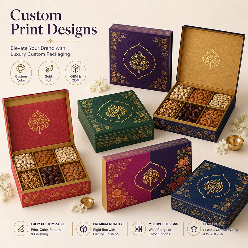 Custom print designs for luxury food packaging showing red, green, purple, and blue color variations.