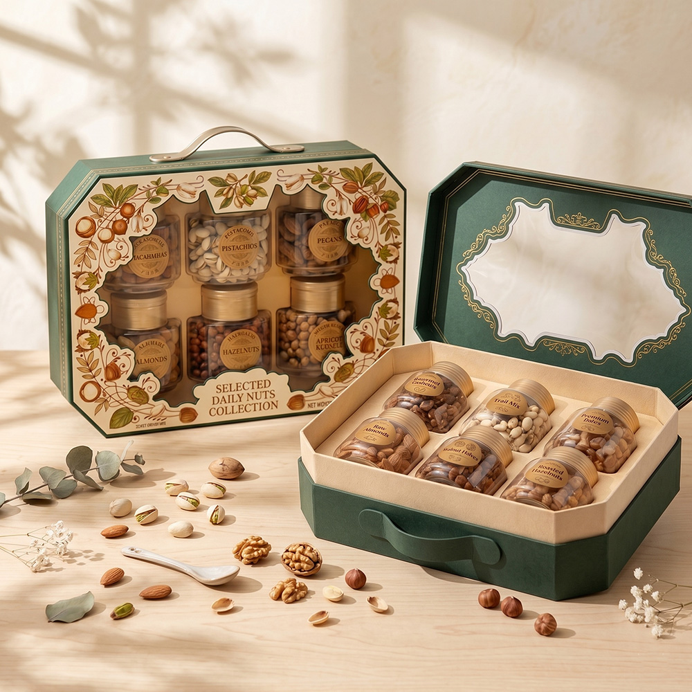Lifestyle display of Brothersbox suitcase-style dry fruits packaging boxes with scattered nuts on table.