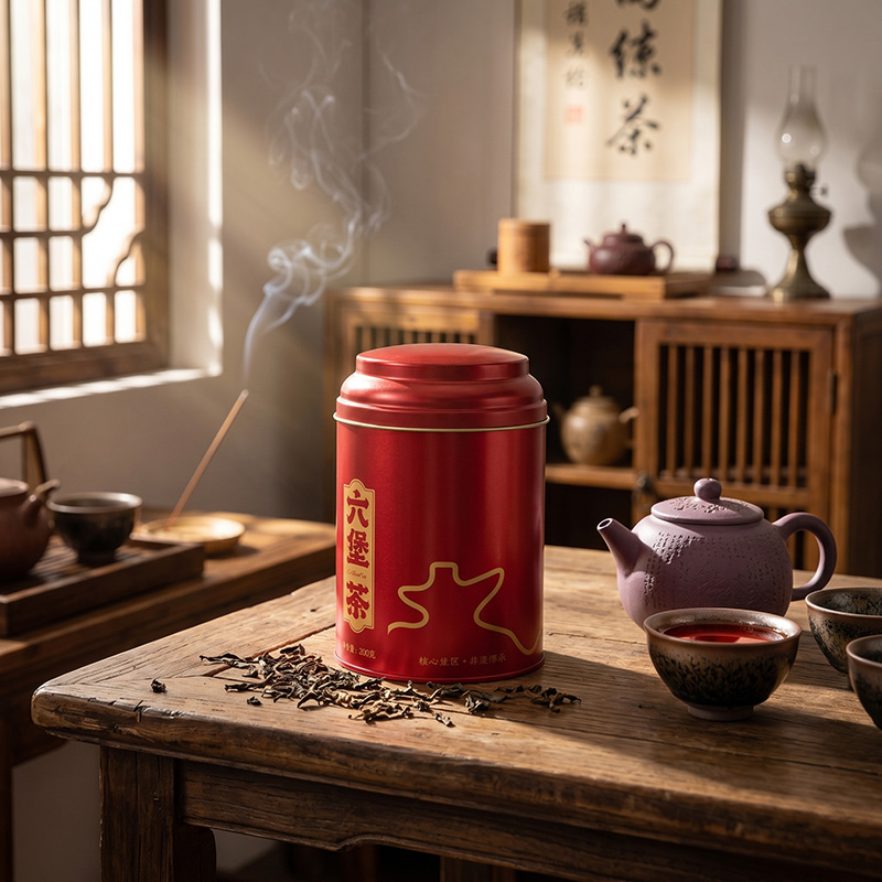 Traditional China Tin Tea Box displayed on a wooden table with purple clay teapot