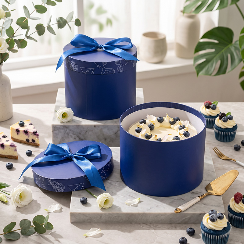 Two blue cylindrical custom cake boxes by Brothersbox on a marble table, one open containing a decorated blueberry cake.
