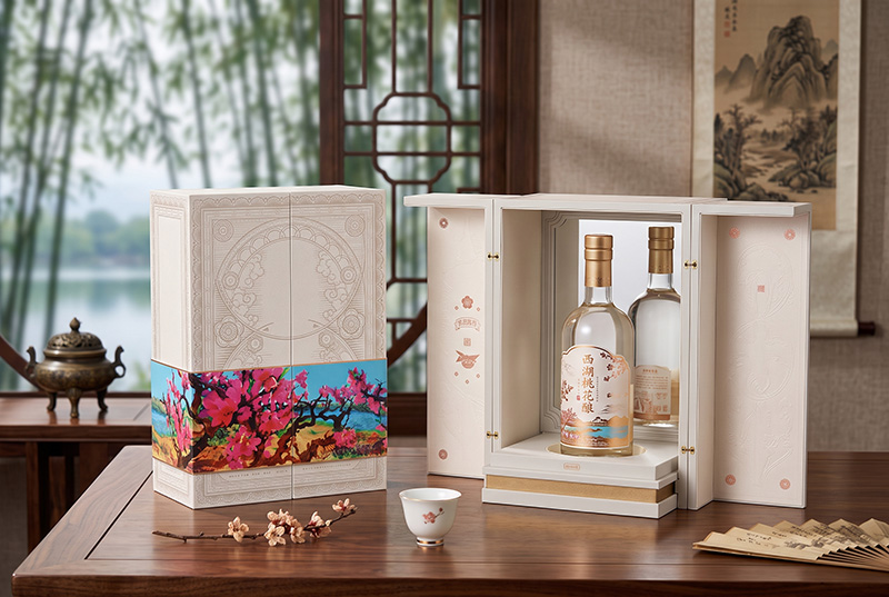 Kunden spezifische Doppeltür-Wein-Geschenk box aus Holz mit Flasche in traditioneller Luxus-Umgebung