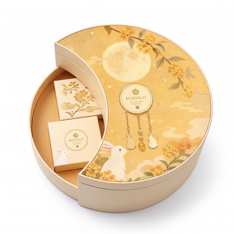 Boîte-cadeau Mooncake à plusieurs niveaux partiellement ouverte montrant des boîtes individuelles intérieures personnalisées
