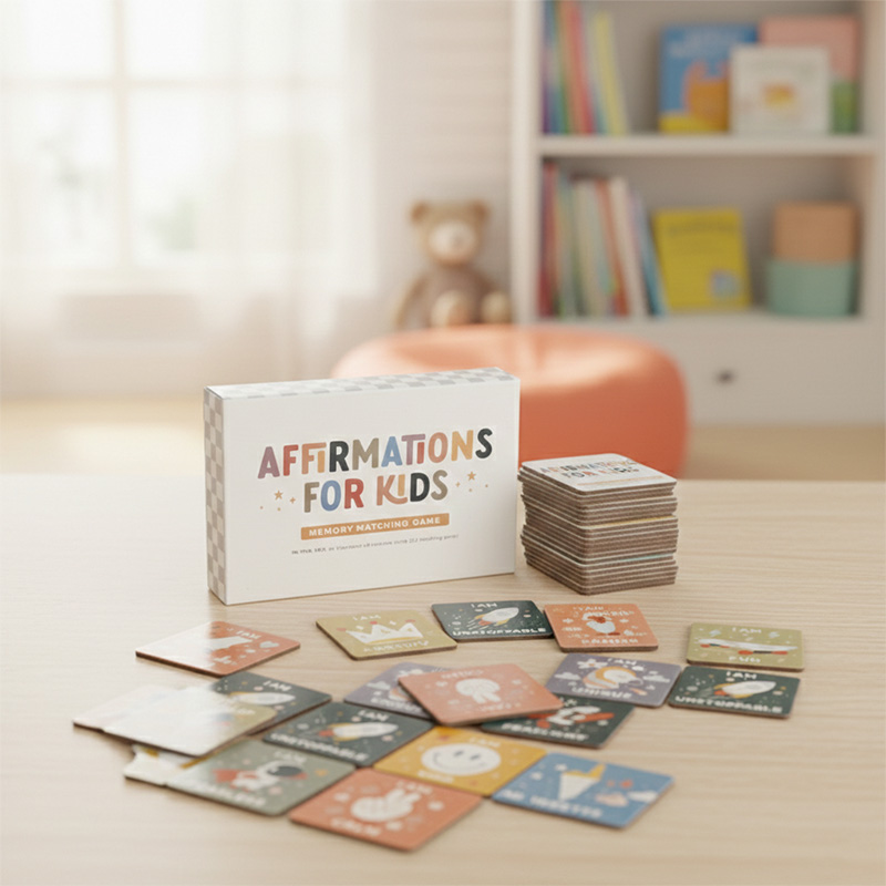 عرض تأكيدات لمجموعة ألعاب الأطفال على طاولة حضانة خشبية.