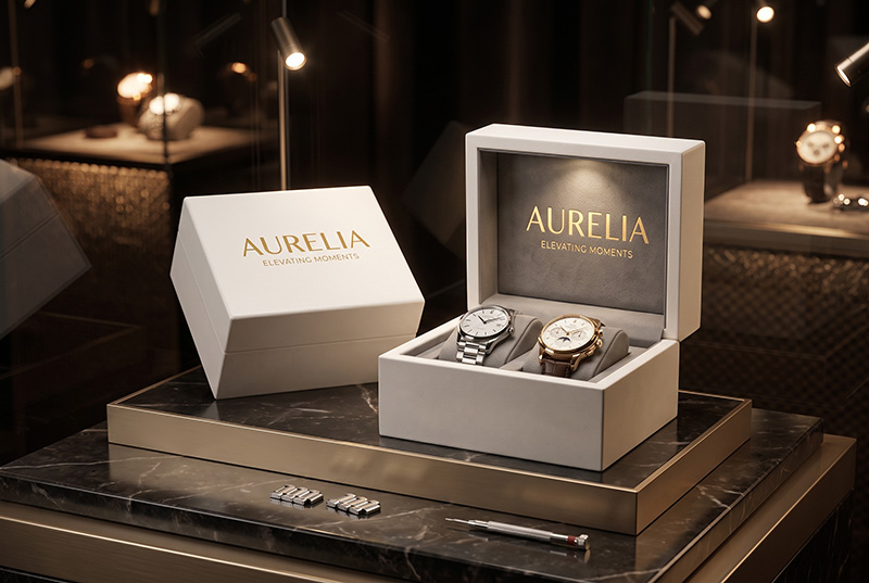 Luxury boutique display featuring a white two-slot wooden watch box on marble
