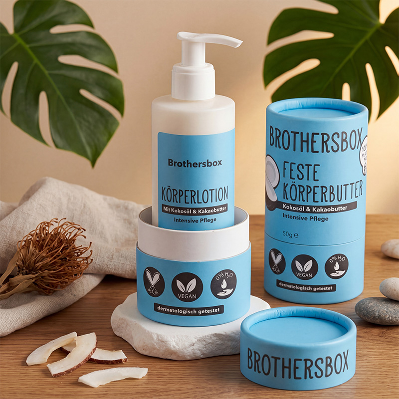 Marca de juego de cuidado de la piel con botella de loción corporal y caja de tubo de papel.