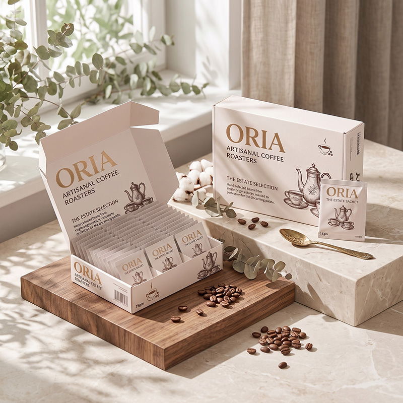 Lifestyle-Fotografie von minimalisti scher Kaffee-Mailer-Box-Verpackung mit losen Kaffeebohnen.
