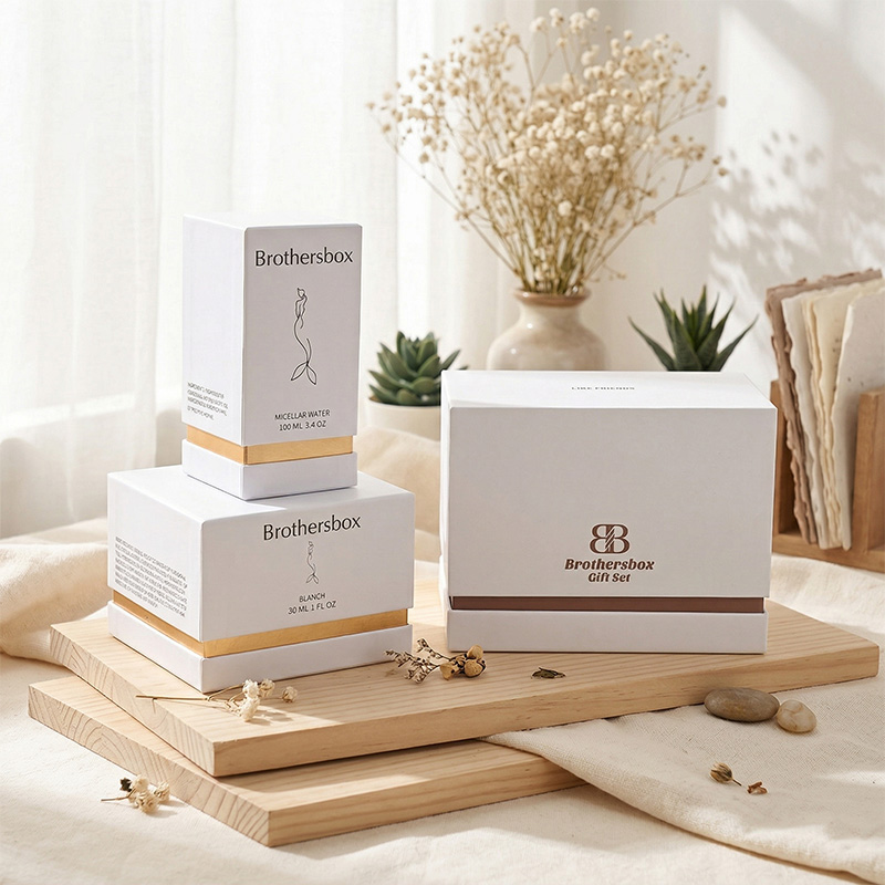 木製ボードにディスプレイされた、金箔トリムが施されたラグジュアリーなホワイトスキンケアギフトボックスセット。